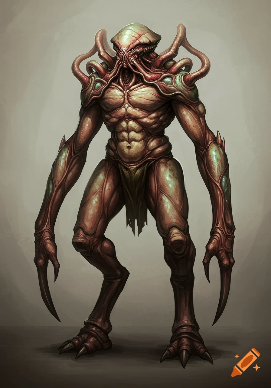 Full body illustration of a tall, muscular, reddish-brown alien creature with tentacles or pipes on its head and shoulders, multiple arms with large claws, and a segmented body.