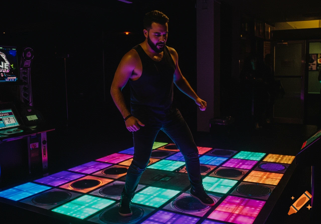 Man dancing on a colorful light-up floor in a dark arcade room