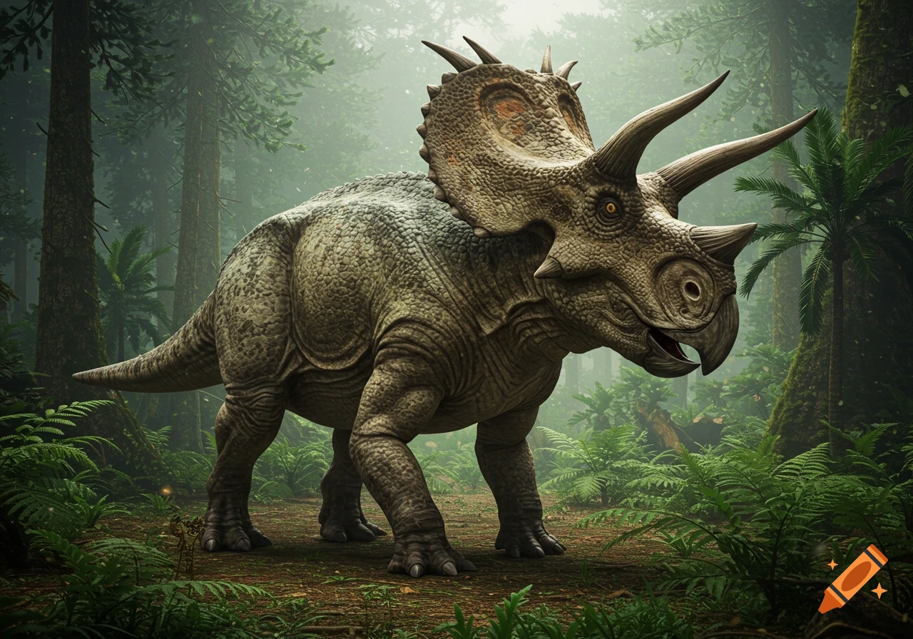 A detailed dinosaur hybrid stands in a misty prehistoric forest.