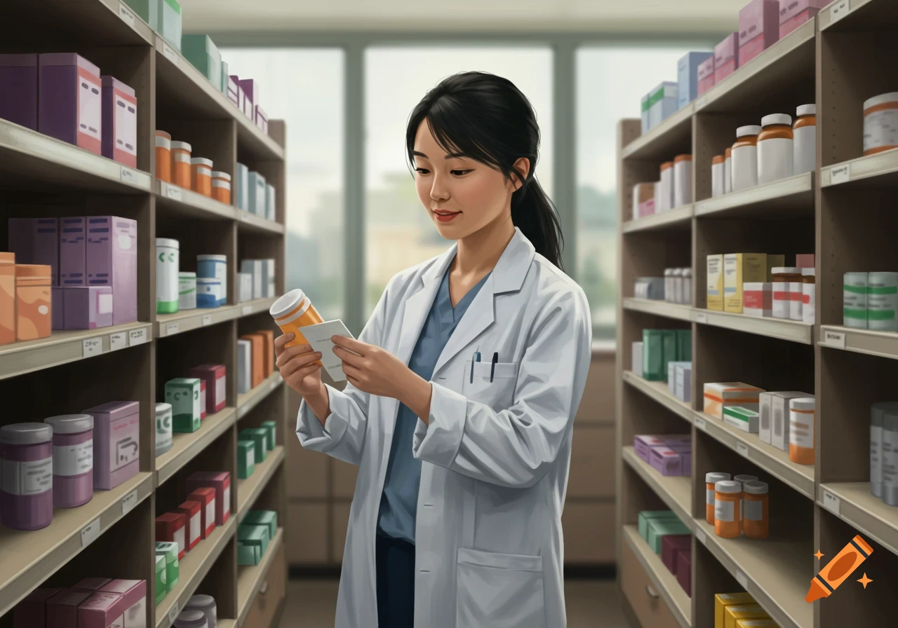 A woman in a lab coat examines a bottle in a pharmacy.