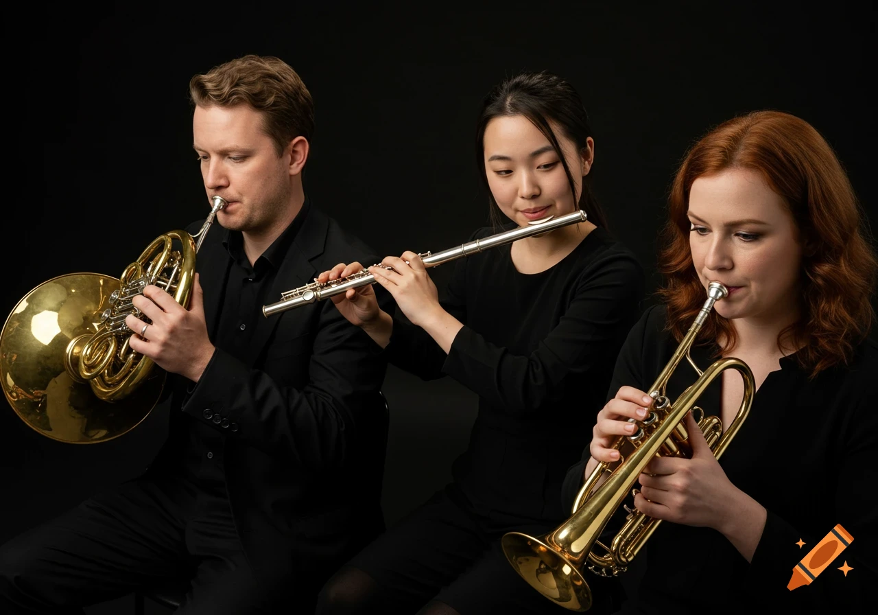 Three musicians playing French horn, flute, and trumpet on a black background