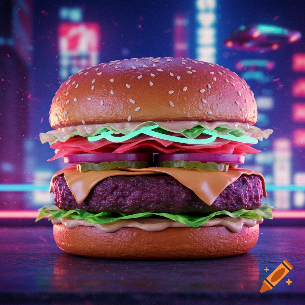 A close-up of a detailed burger with glowing ingredients and a futuristic cityscape background.