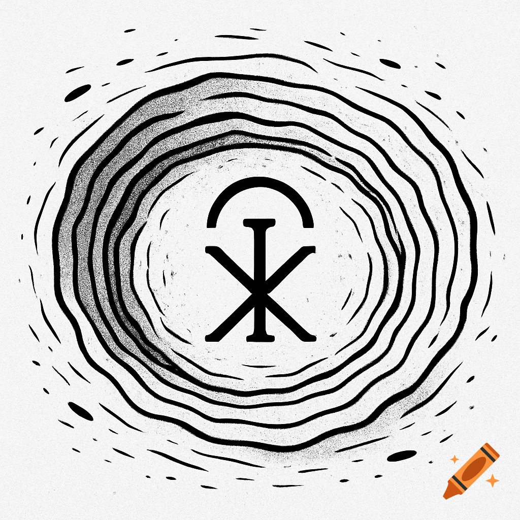 Black and white illustration of a symbol resembling Chi Rho in the center of concentric, irregular lines.