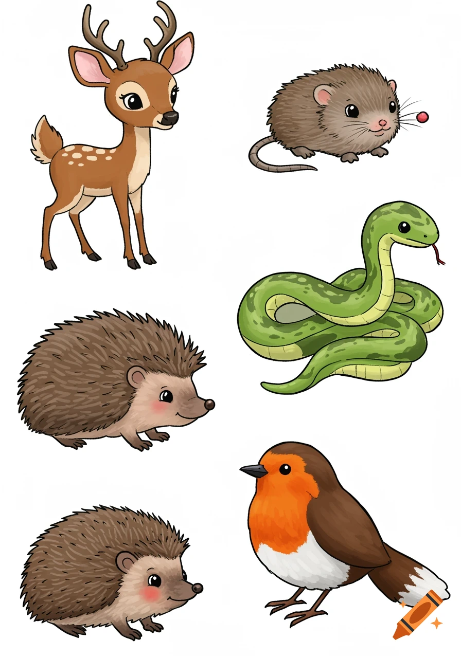 Cute cartoon clipart animals: deer, vole, hedgehog, snake, and robin on a white background.