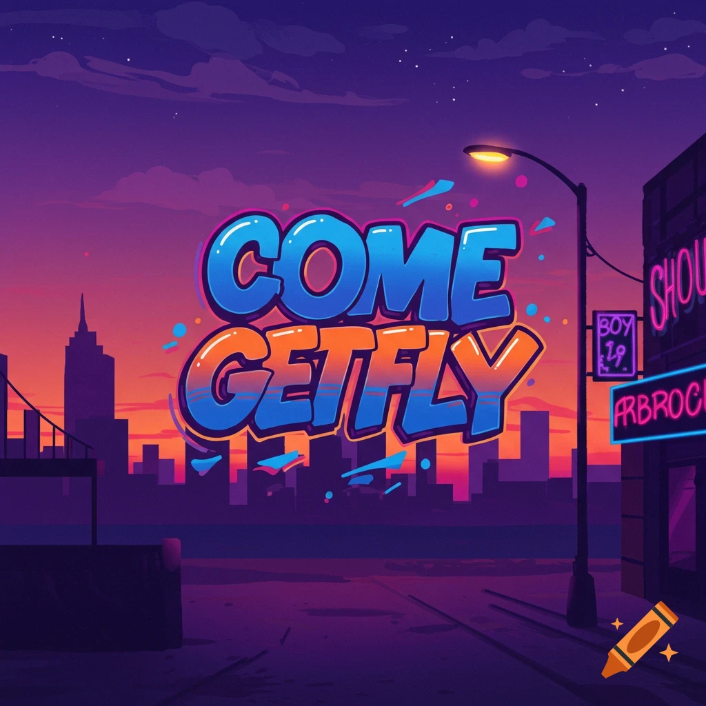Stylized urban art with large graffiti text 'COME GET FLY' over a city street and skyline at sunset.