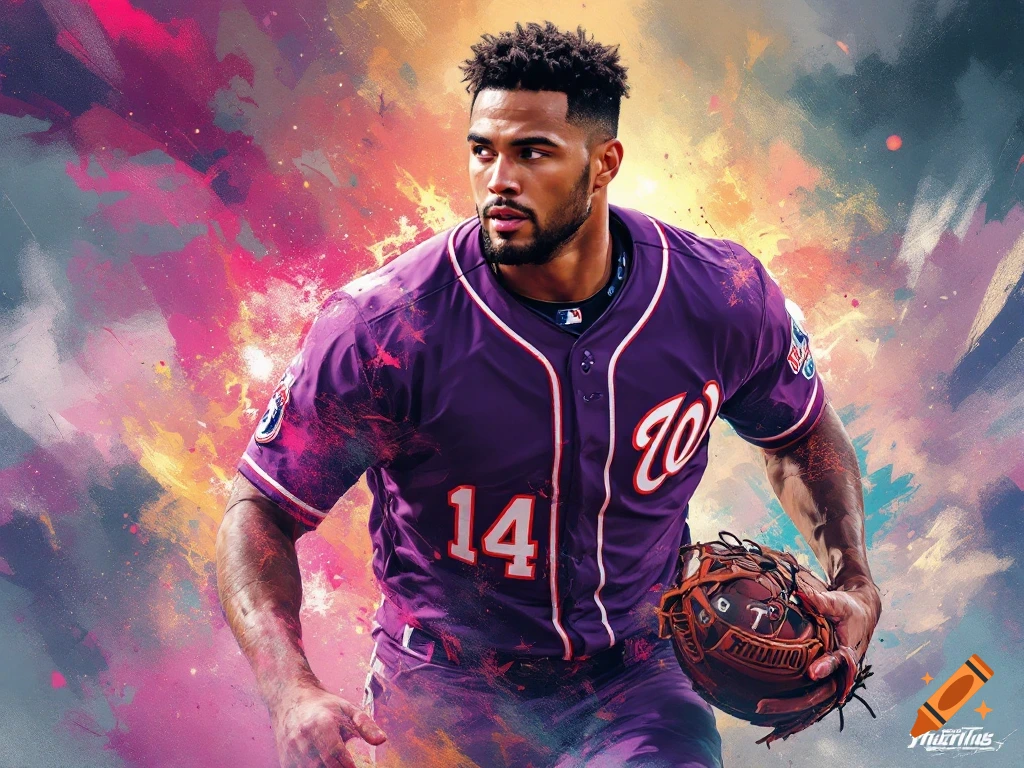 A baseball player in a purple uniform holds a glove against a vibrant, colorful background.