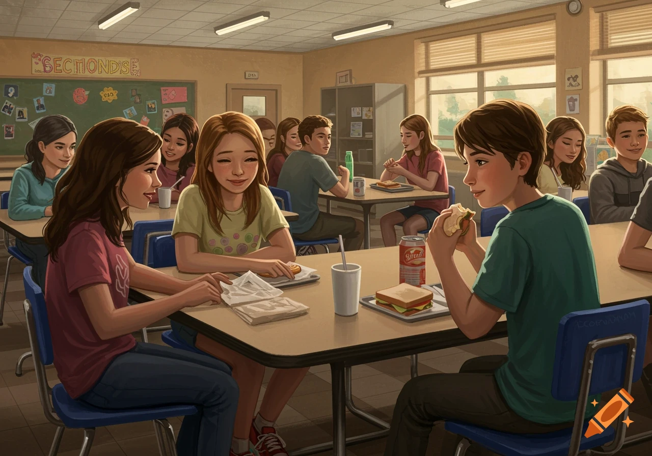 Illustration of students eating lunch in a middle school cafeteria, one boy eating a sandwich alone.