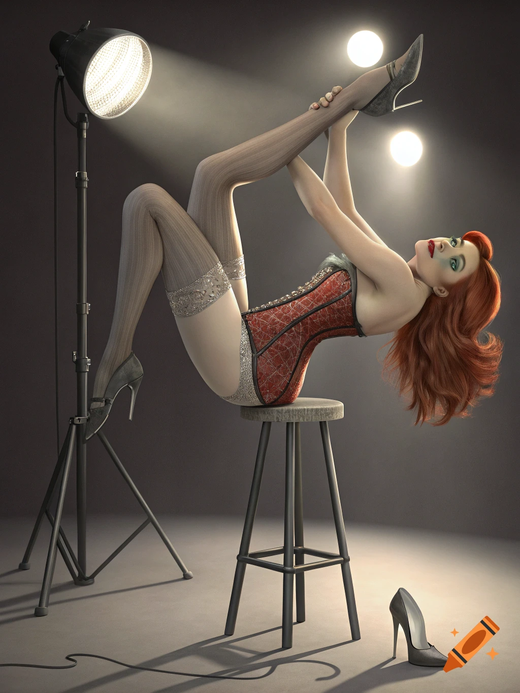 Woman in red corset and stockings posing on a stool under studio lights.