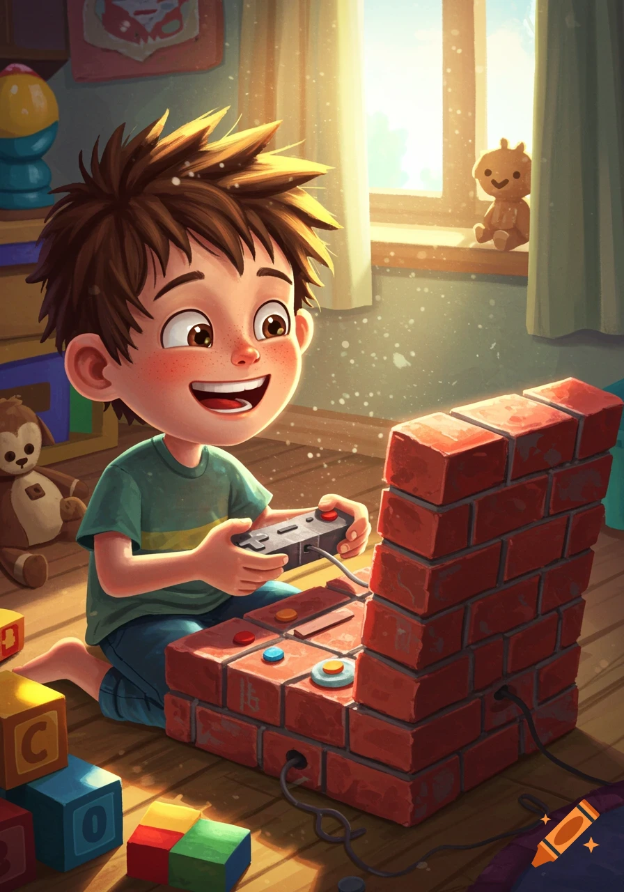 Illustration of a smiling boy playing a video game on a brick console in a sunny room with toys.