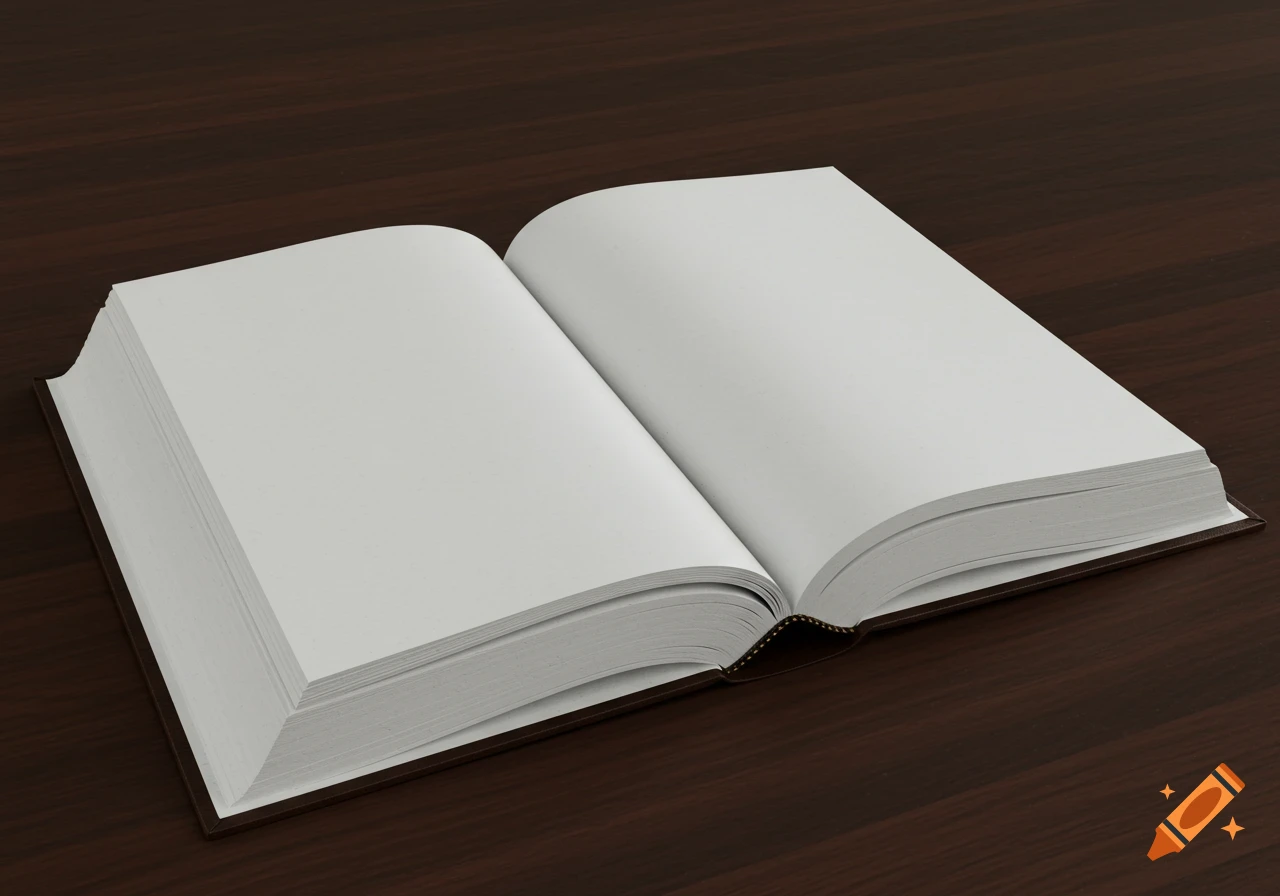 An open book with blank pages lies on a wooden table.