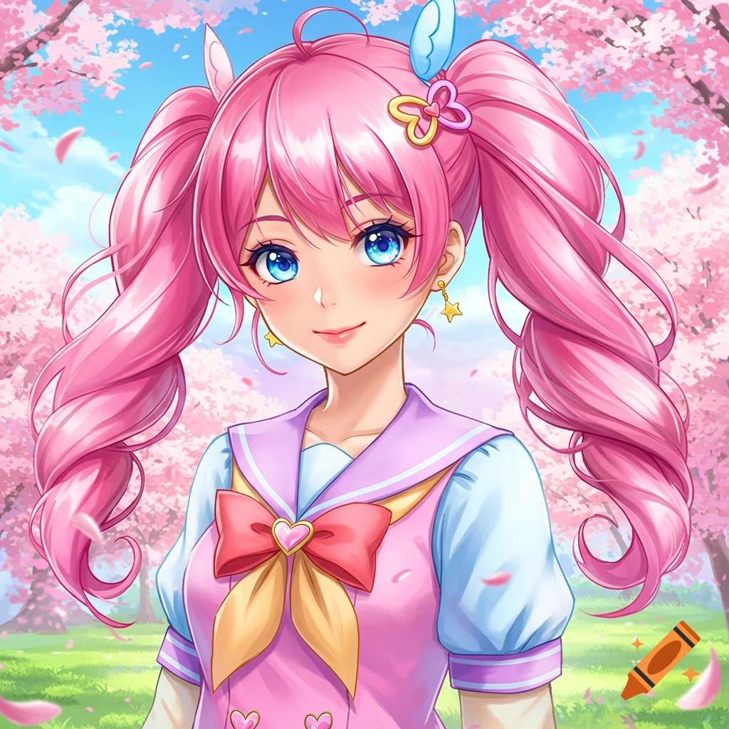 Anime girl with pink pigtails in a cherry blossom park