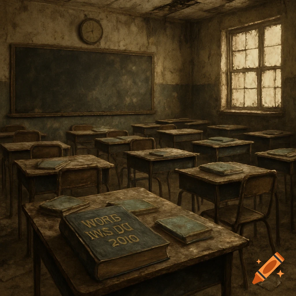An abandoned, dirty classroom with desks, a chalkboard, clock, and a grimy window. Grunge style.