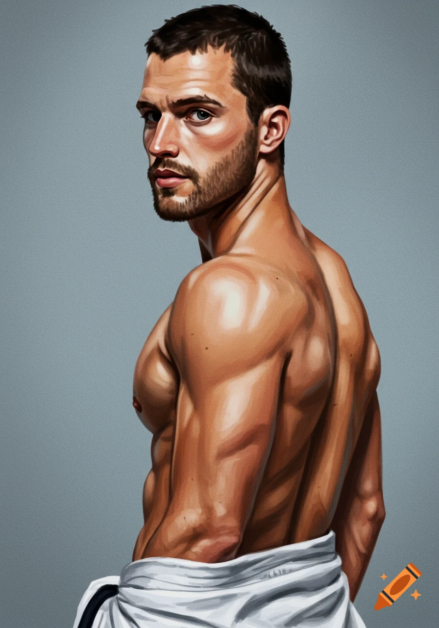 Digital painting of a muscular man looking back over his shoulder.