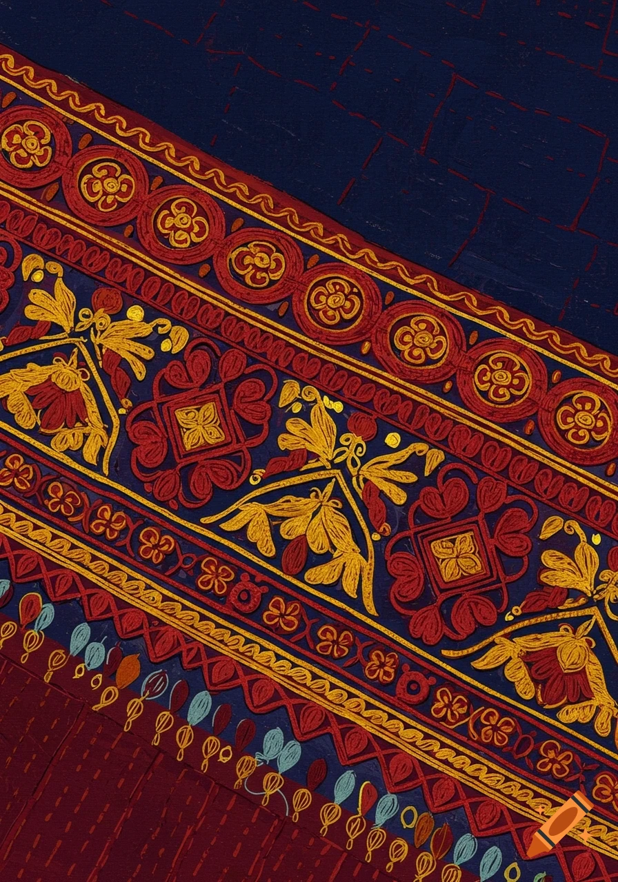 Close-up of colorful embroidery with floral and geometric patterns.