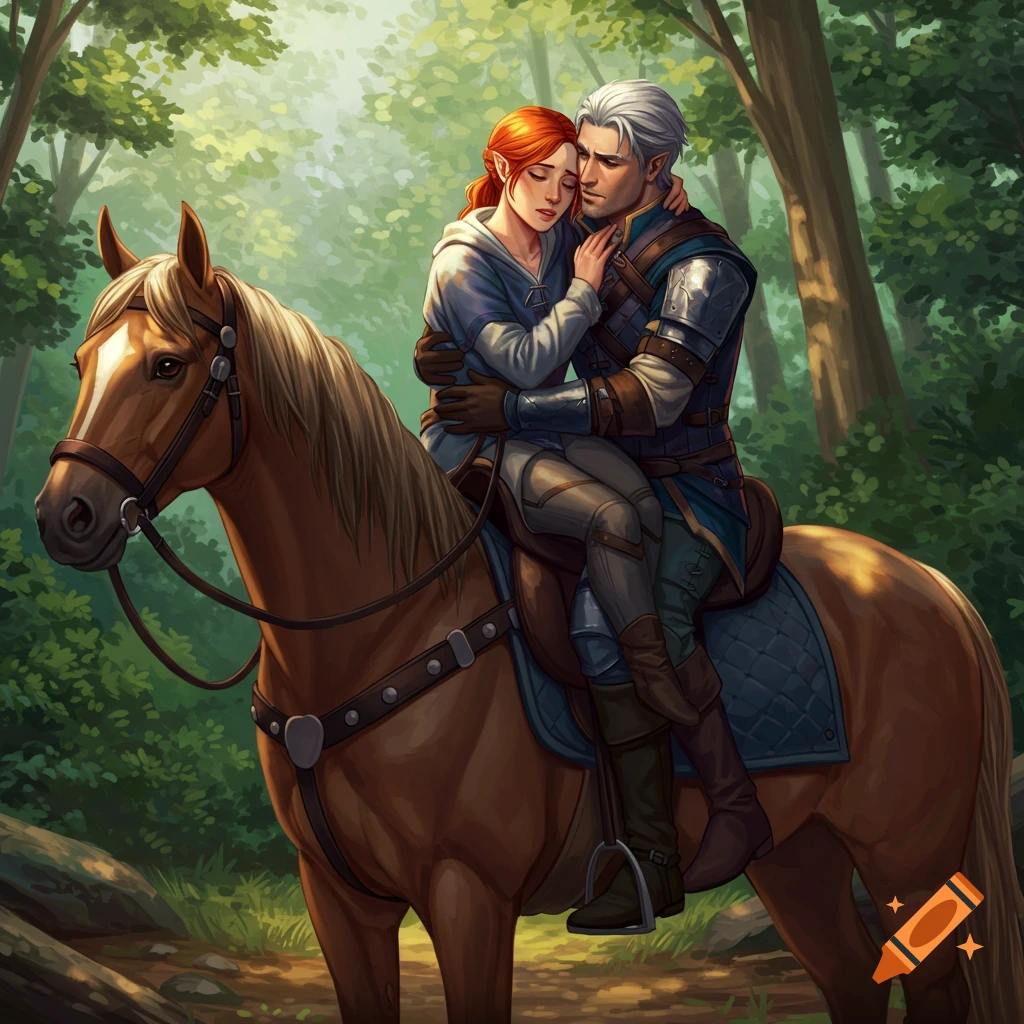 Fantasy art of a man and woman embracing on a horse in a sun-dappled forest.