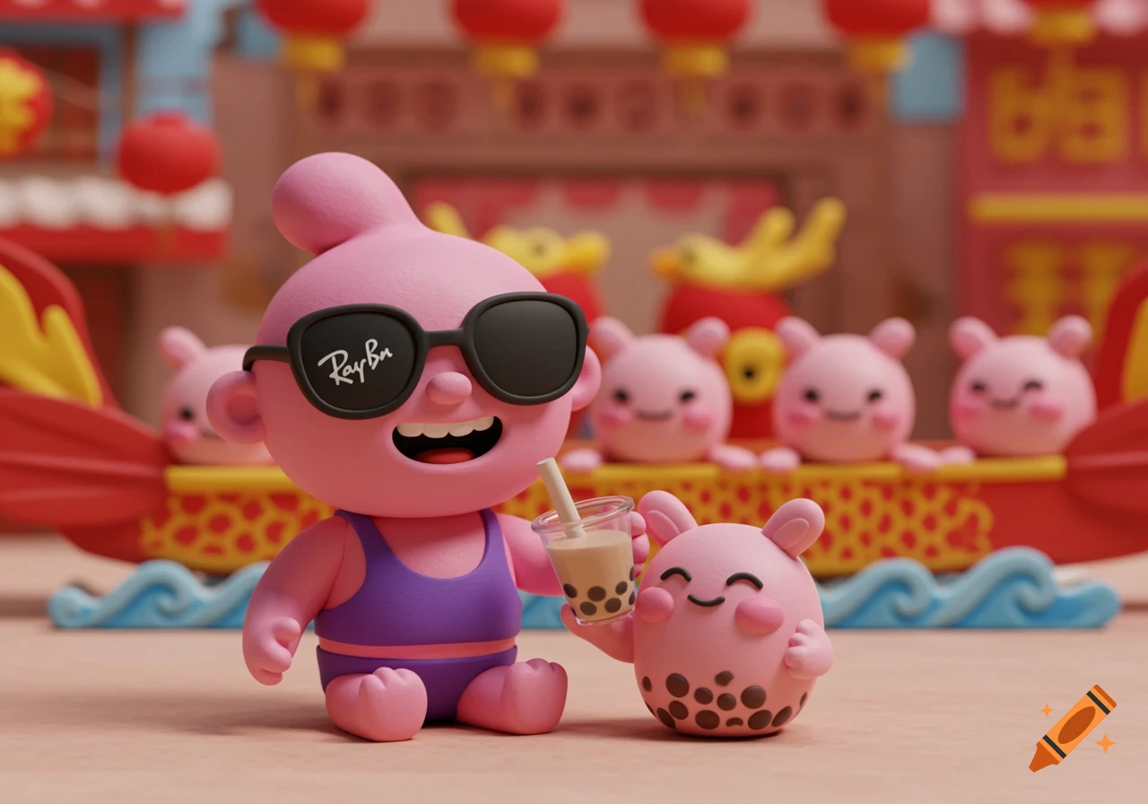 Claymation character wearing sunglasses and holding bubble tea with a small character, at a dragon boat festival