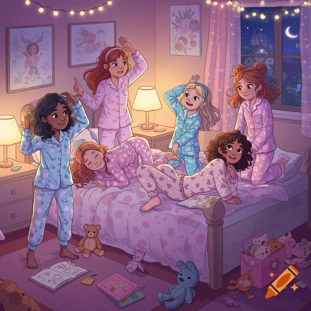 Illustration of six girls in pajamas having a sleepover in a bedroom
