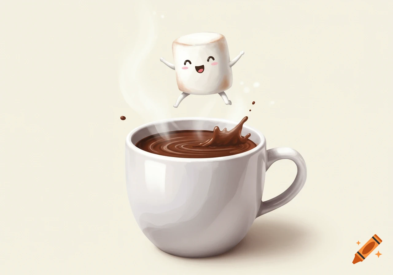 Cute cartoon marshmallow jumping into a cup of hot chocolate