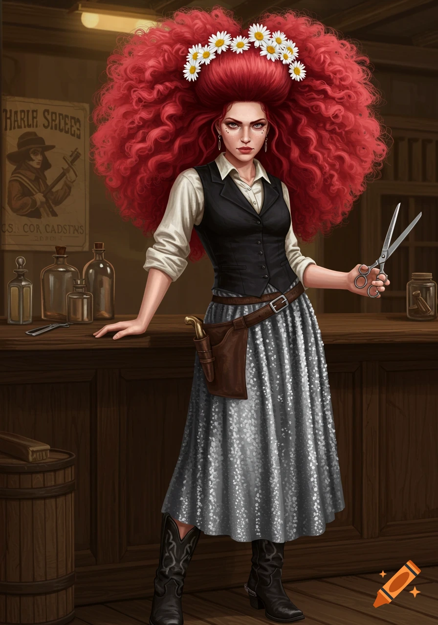 Female character with huge red hair and daisies stands in a wild west barber shop holding scissors.