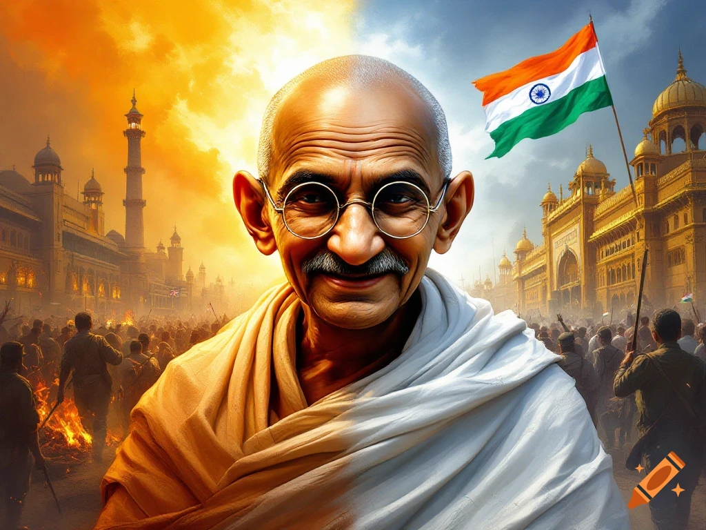 Mahatma Gandhi portrait with Indian flag and historical scenes in the background.