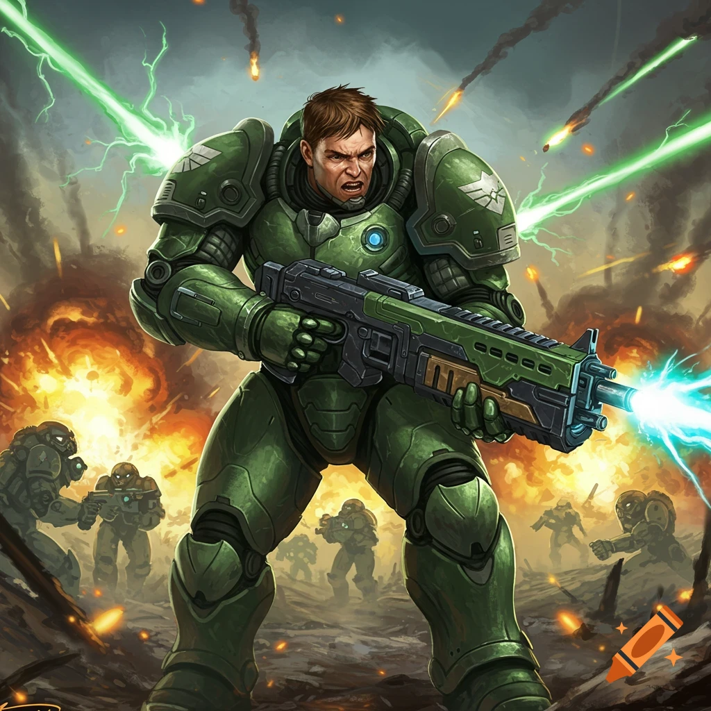 Space marine shooting a large gun during a battle