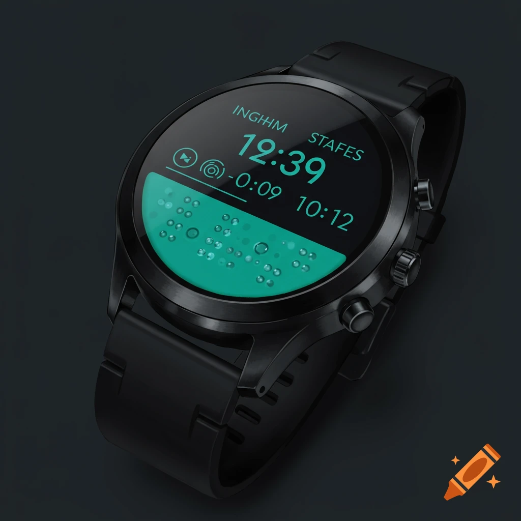 A black smartwatch with a screen displaying time and braille-like dots, viewed from the top.