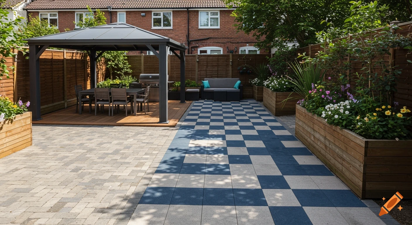 A modern backyard with a gazebo over a dining area, a checkered patio section, brick pavers, and raised wooden planters.