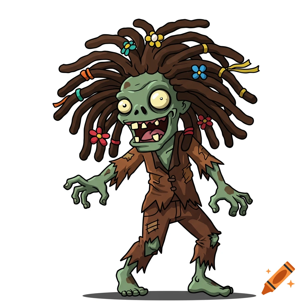 Cartoon zombie with dreadlocks and flowers in its hair, wearing torn clothes.