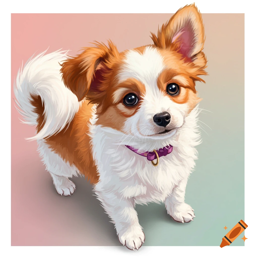 A cute white and ginger puppy with a purple collar looks up in an illustration.
