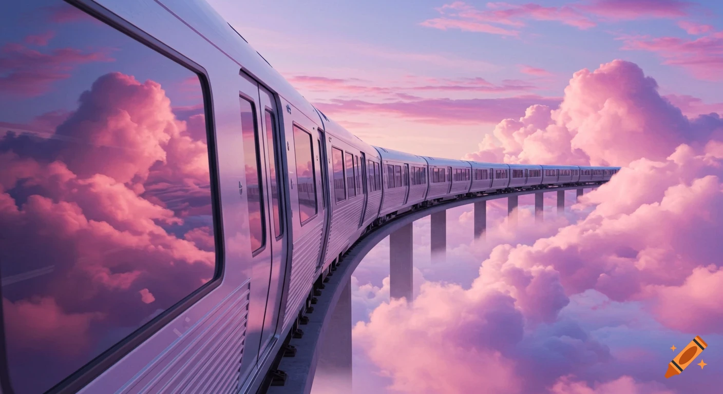 A silver train travels along a curved elevated track through pink and purple clouds during sunset or sunrise.