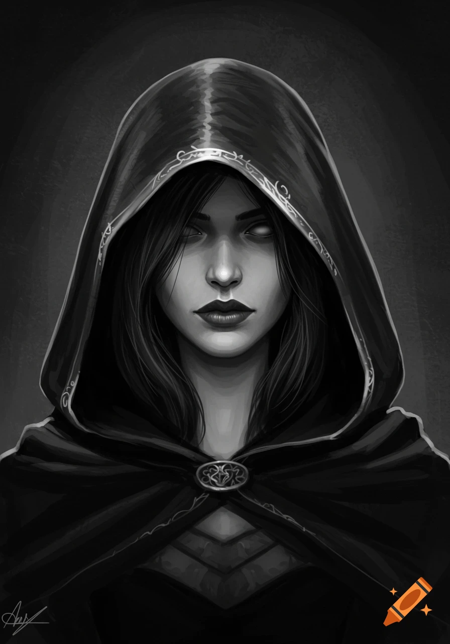 Black and white fantasy portrait of a hooded figure with white eyes.