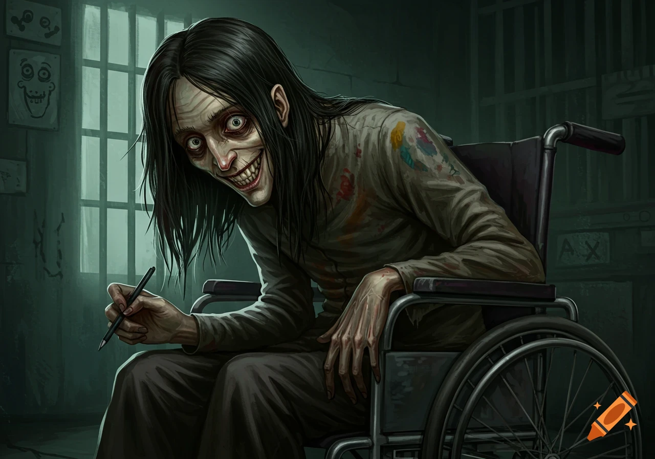 A creepy, grinning man with long black hair sits in a wheelchair in a dark asylum room, holding a pen.