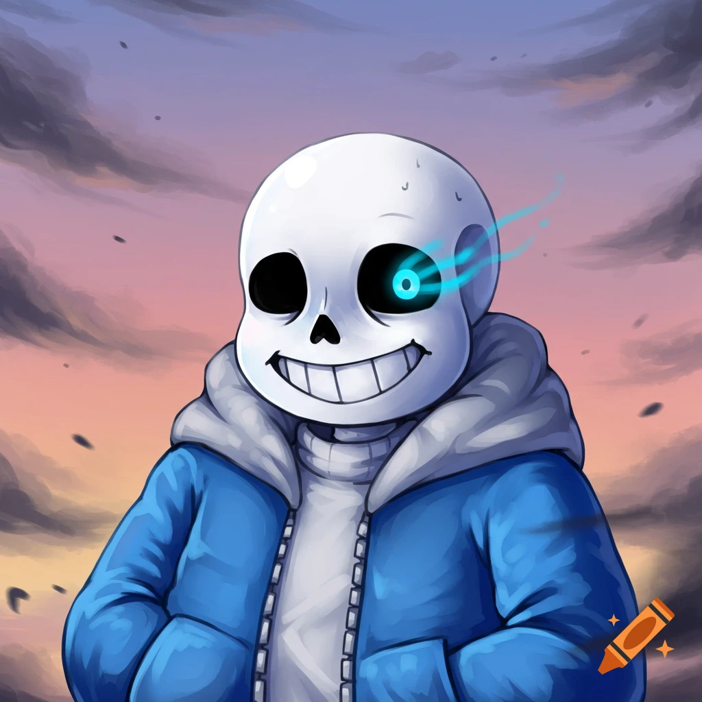 Close-up digital painting of Sans from Undertale in a blue jacket, smiling with a glowing blue eye, against a cloudy sunset sky.