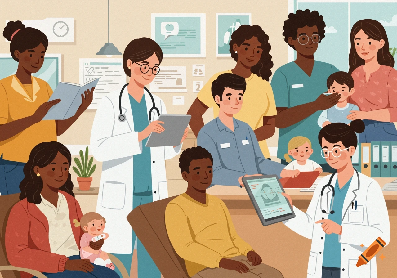 Illustration of diverse doctors and patients, including children, in a medical clinic.