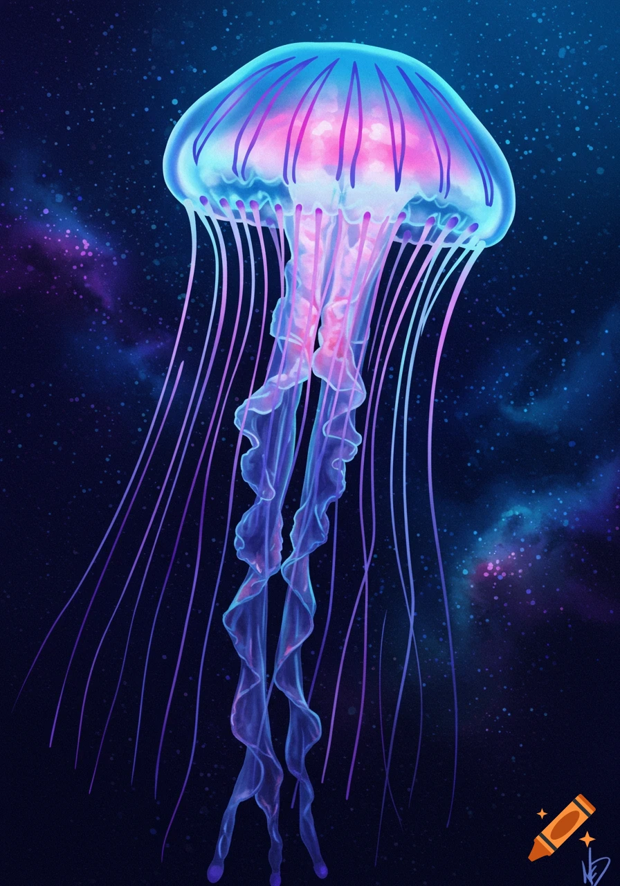 Glowing blue and pink jellyfish in a dark, starry galaxy background.