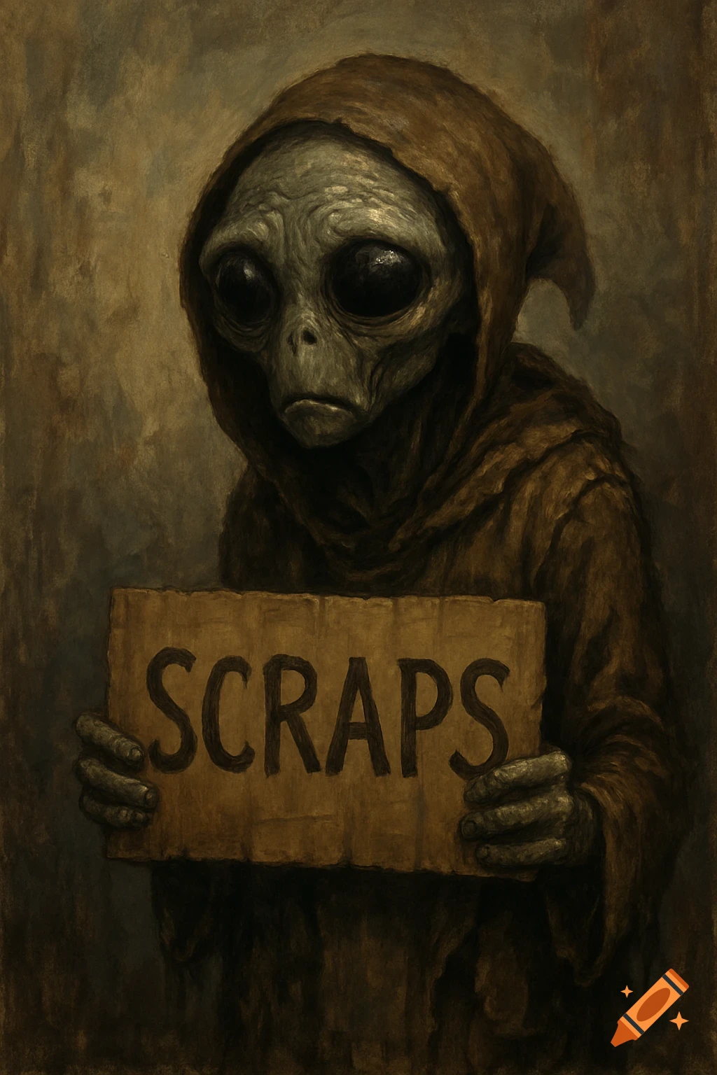 A sad-looking alien in a hooded robe holds a sign that says 'SCRAPS'. Painterly style.