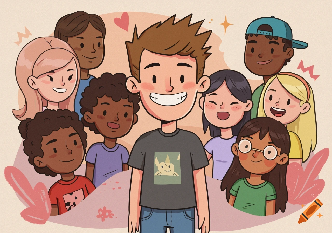 Cartoon illustration of a diverse group of children smiling together.