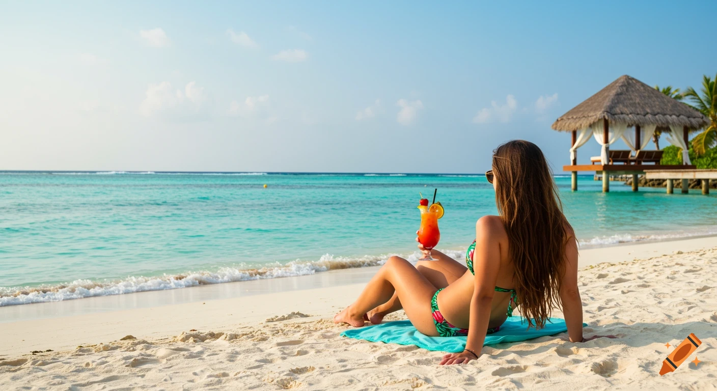 Woman relaxing on a tropical beach with a cocktail