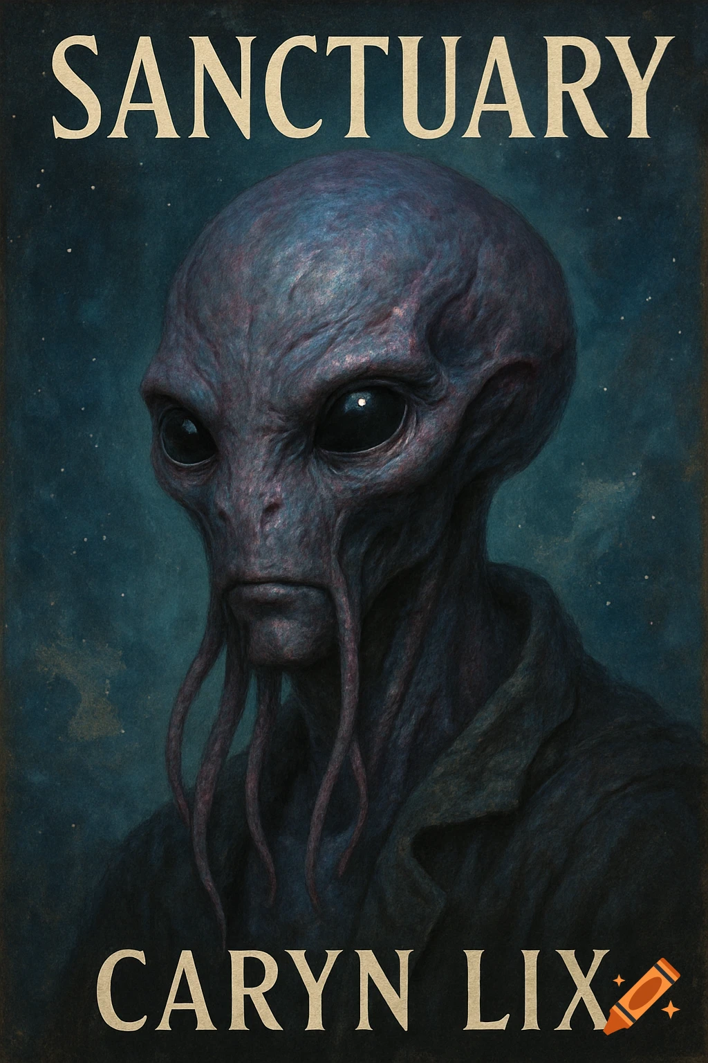 A portrait of a grey alien on a book cover titled "Sanctuary" by Caryn Lix, against a starry blue background.