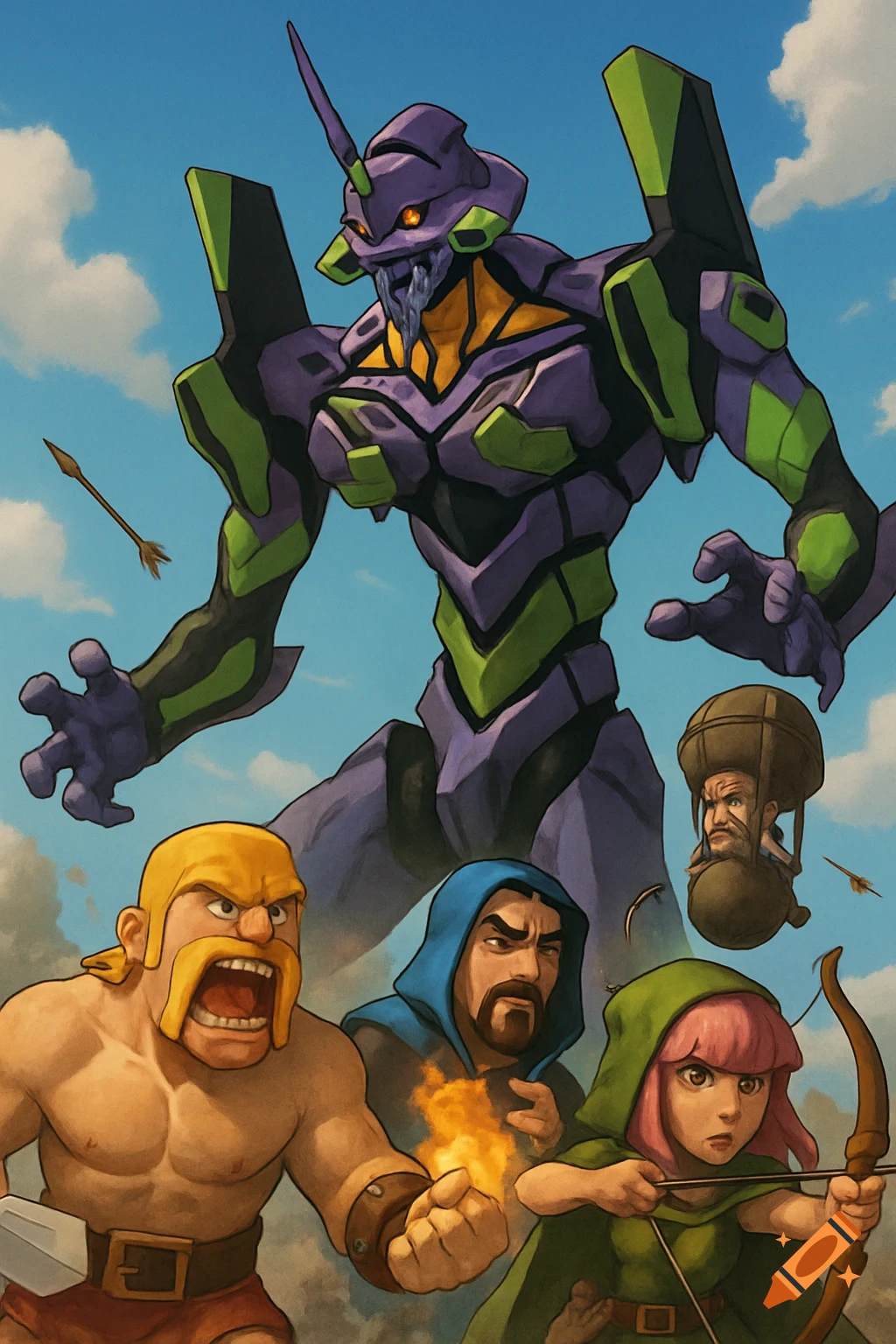 Clash of Clans characters stand before a giant purple mecha robot under a cloudy sky.