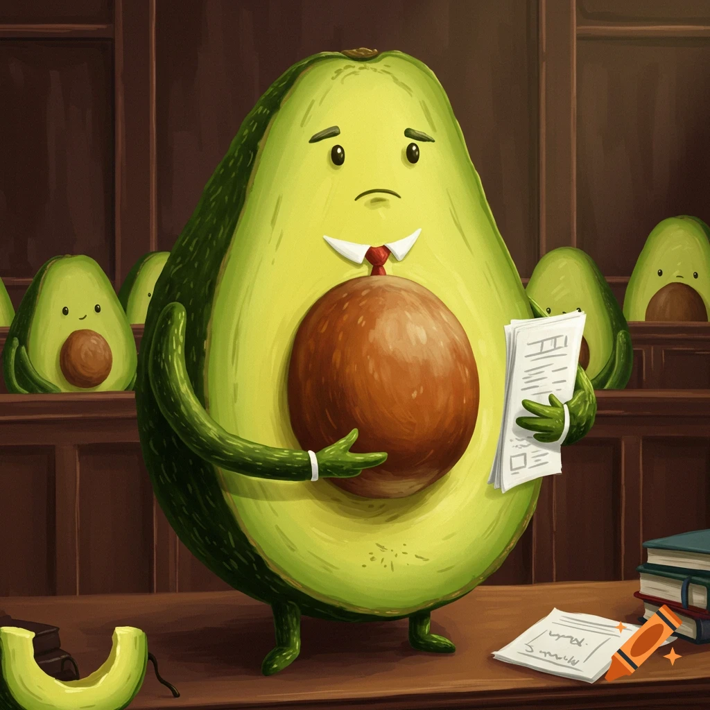 A cartoon avocado lawyer in a courtroom holds documents, with other avocados in the background.