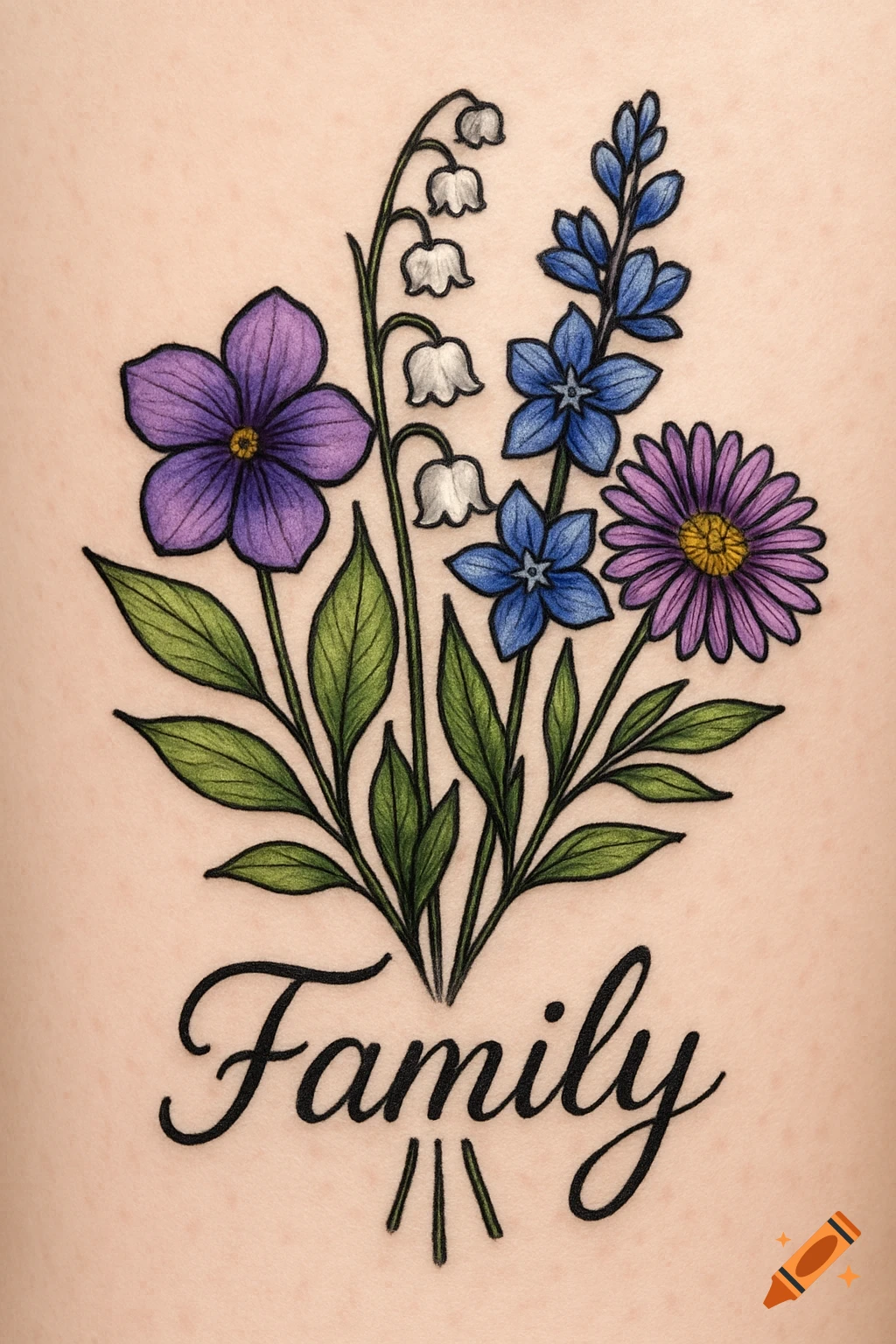 Tattoo of violet, lily of the valley, larkspur, and aster flowers with the word Family below.