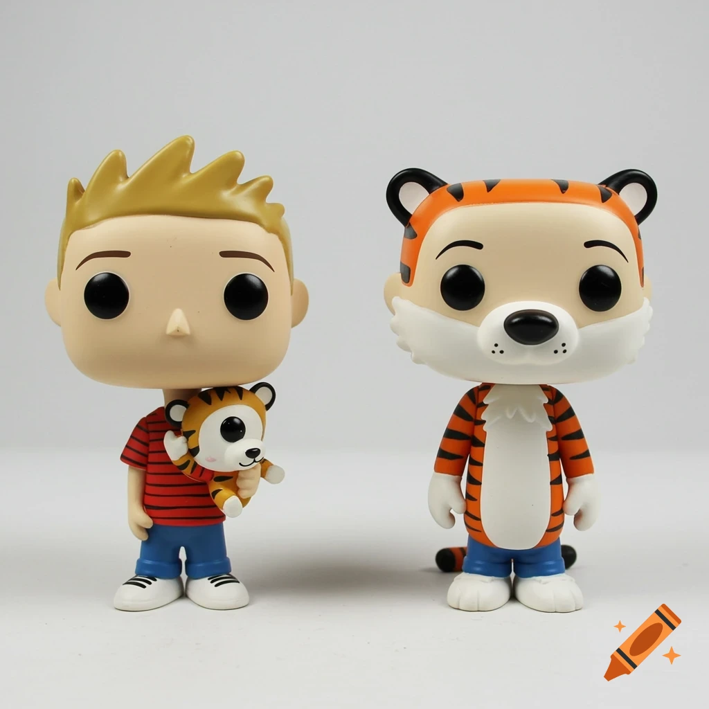 Two Funko Pop figures, one of a boy resembling Calvin holding a small tiger and one of a tiger resembling Hobbes.