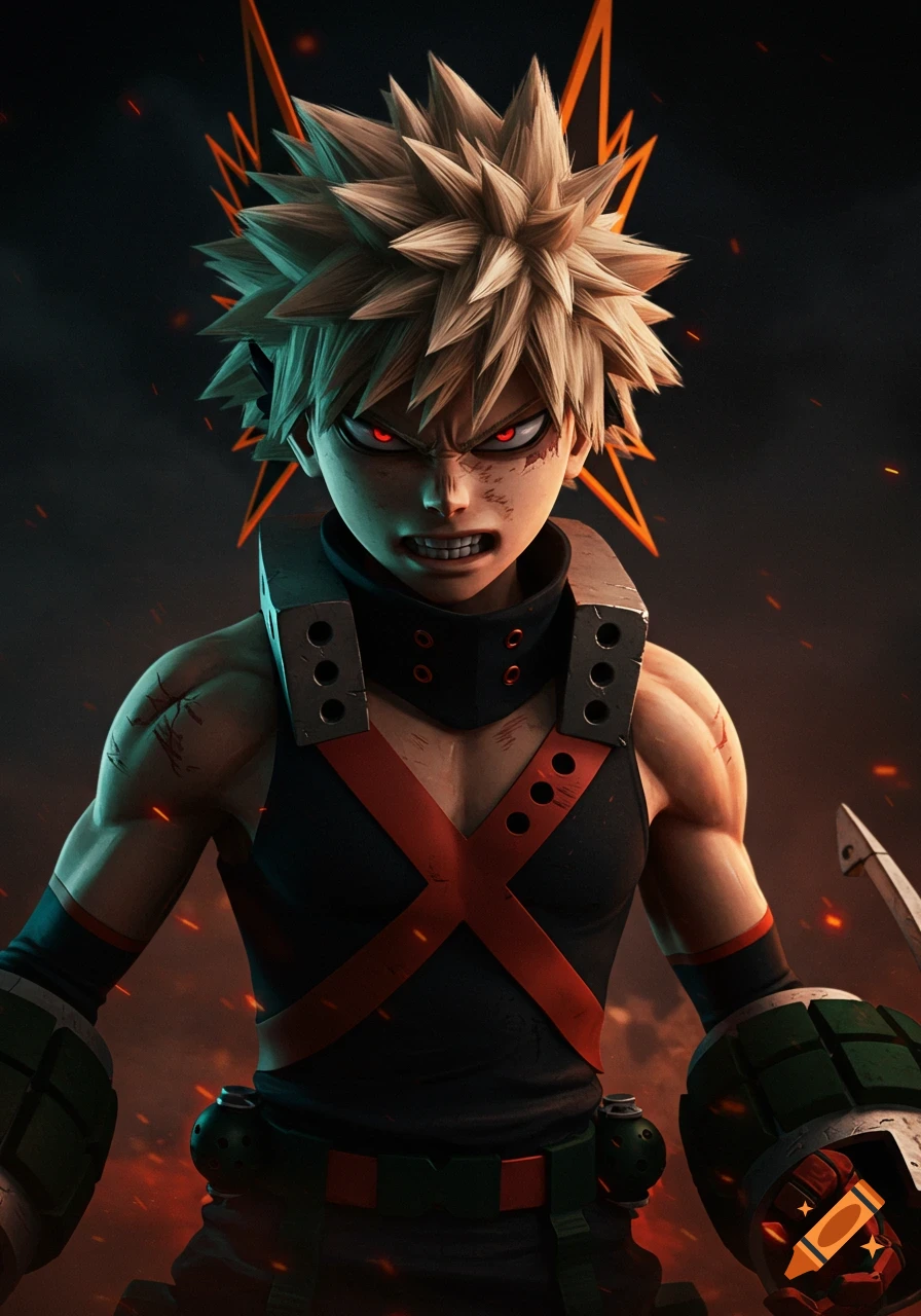 Angry spiky-haired anime character in fighting pose with fiery background.