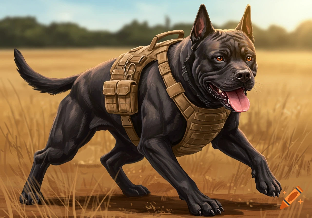 A black dog wearing a tactical vest runs through a golden field. Digital painting.