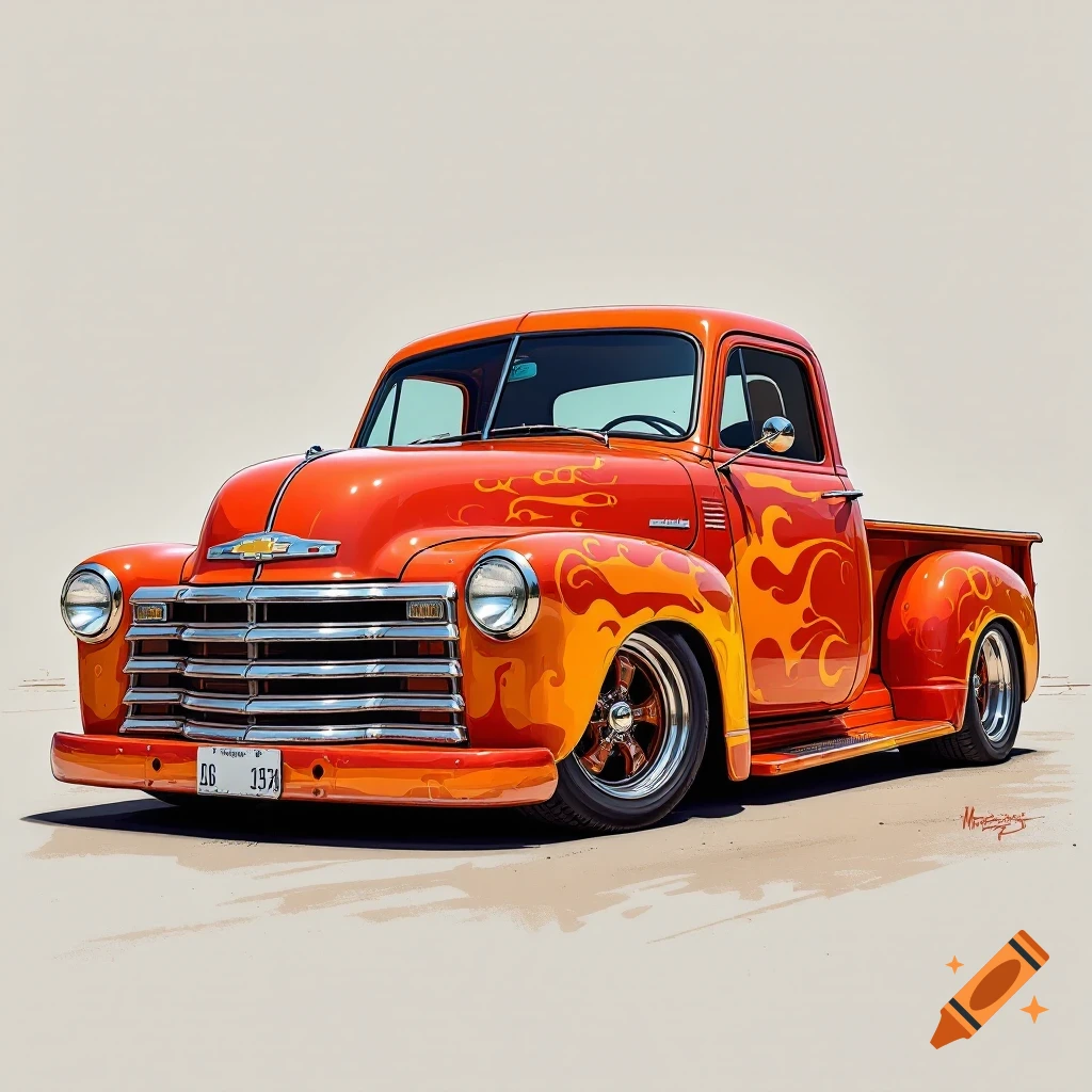 An orange hot rod pickup truck with flame paint jobs on the front fenders.