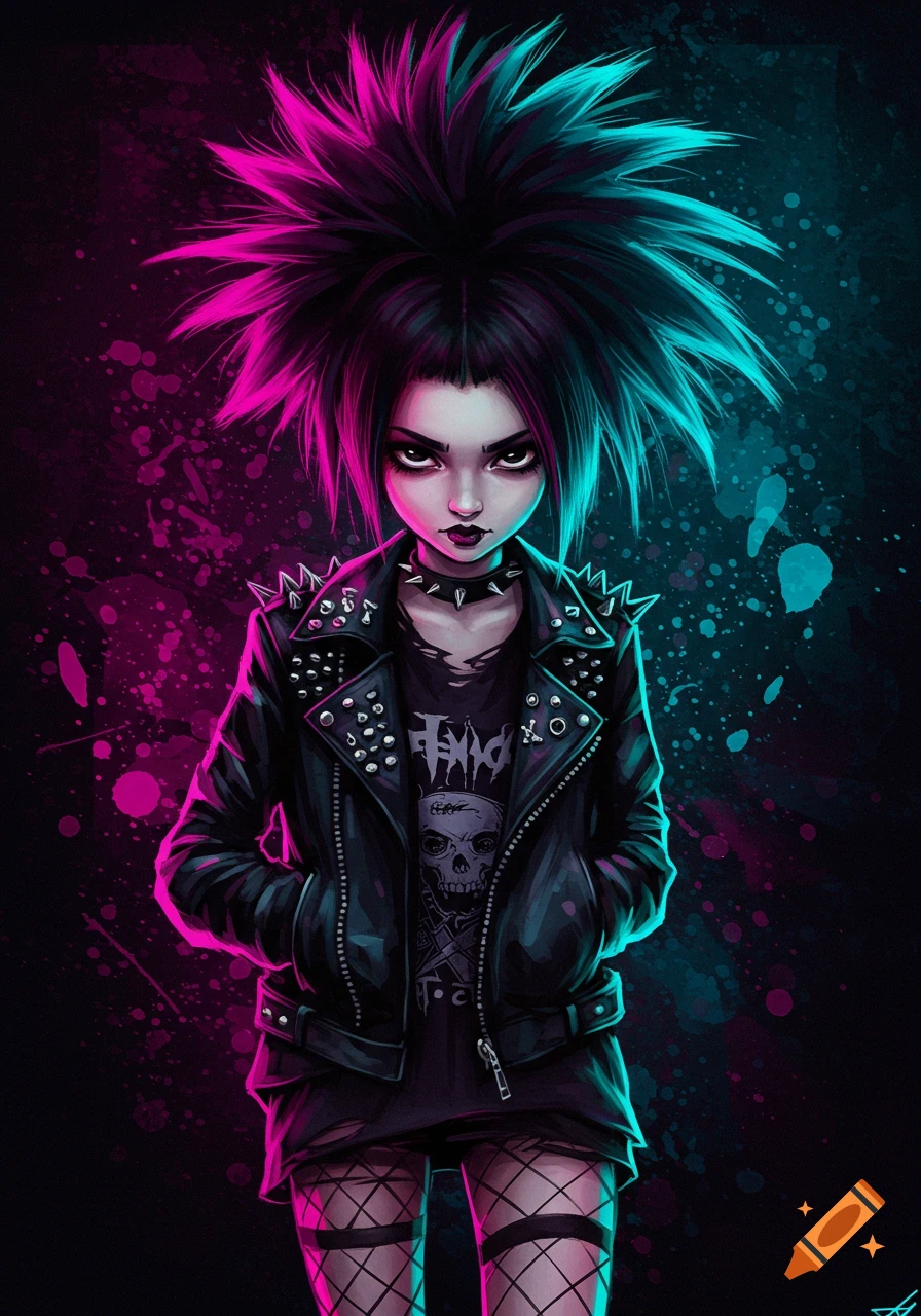 Stylized portrait of a girl with spiky pink and teal hair, wearing a studded leather jacket and a skull t-shirt
