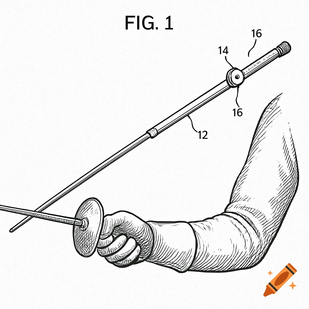 Black and white illustration of a fencer's arm holding a foil with an attached device, in a technical drawing style.
