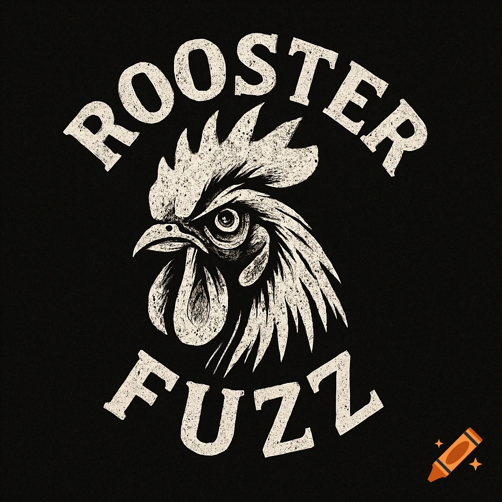 Vintage-style logo featuring a rooster head and the words 'Rooster Fuzz'.