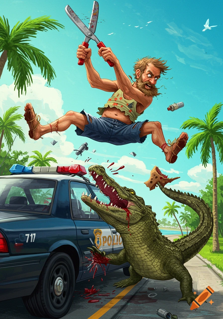 Cartoon illustration of Florida Man jumping over a police car, fighting an alligator with garden shears.
